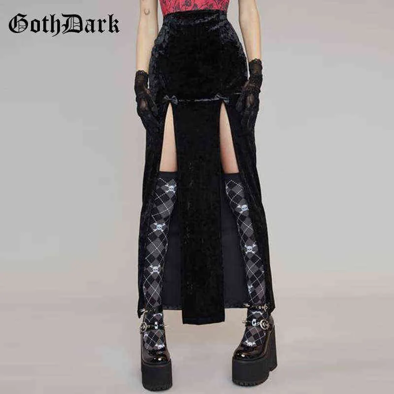 Goth Koyu Punk Y2K Kadınlar Seksi Kış Midi Etekler Alışveriş Merkezi Gotik Kadife Siyah Ince Uzun Etek Grunge Yüksek Bölünmüş A-Line Emo Partywear G220414