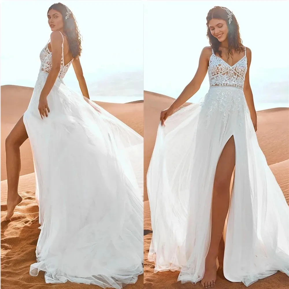 Boho A-Line Lace Appliqué Tulle Bröllopsklänning för Kvinnor Baklösa Ärmlös Split Sweep Train Bridal Gown Vestido de Novia Bes121