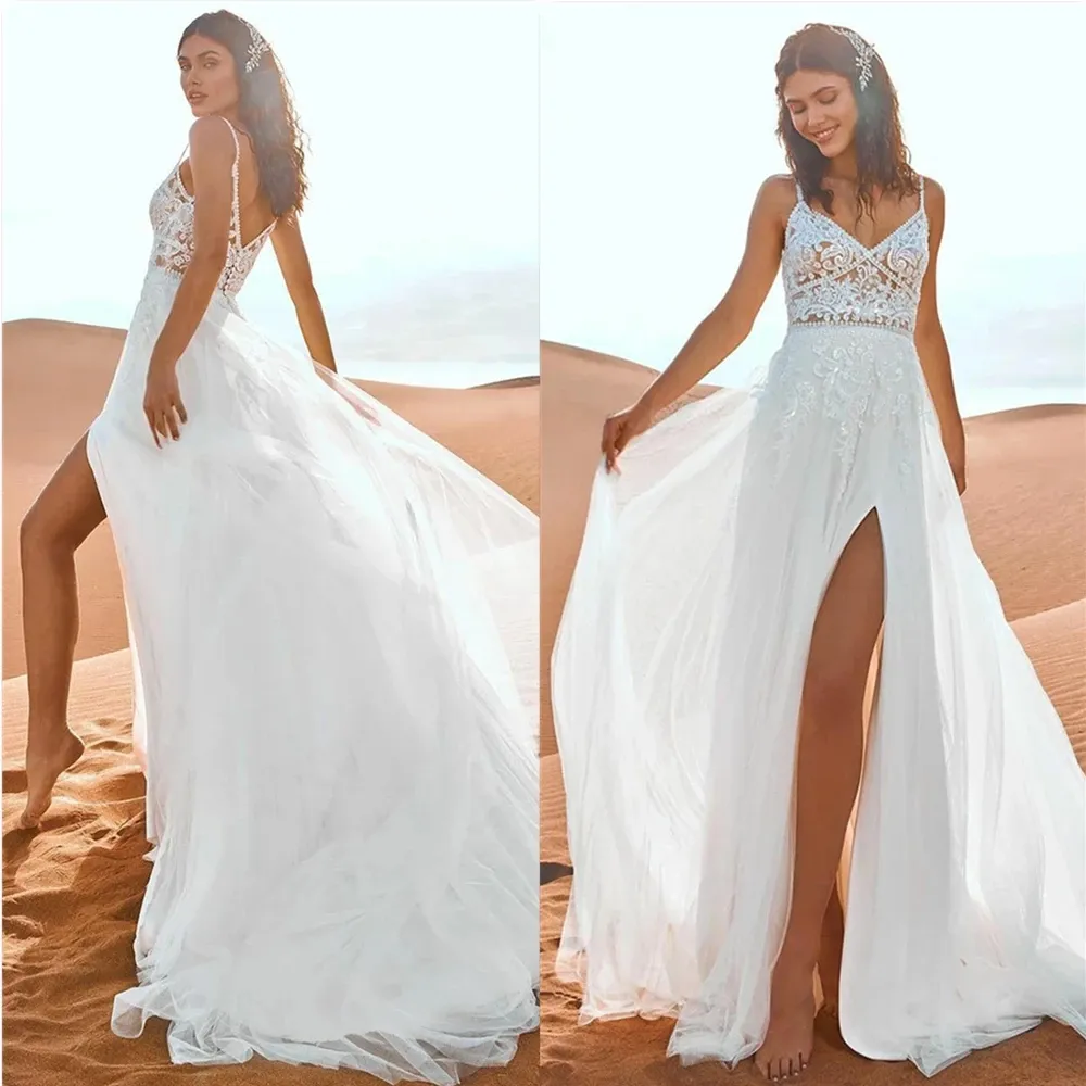 Boho A-ligne Dentelle Applique Tulle Robe De Mariée Pour Les Femmes Dos Nu Sans Manches Fendue Balayage Train Robe De Mariée Robe De Novia BES121