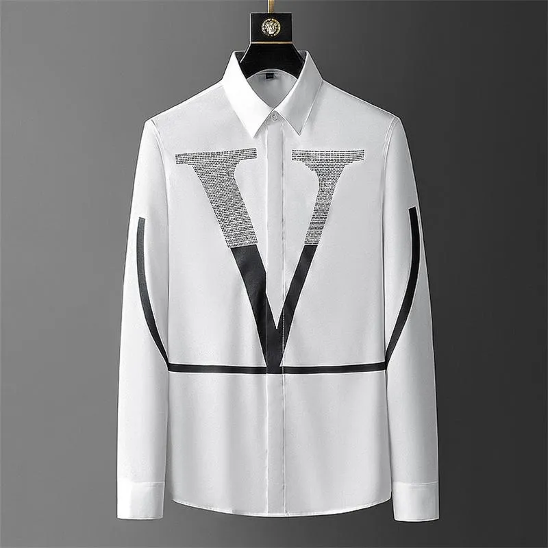 Herrklänningskjortor Big V Rhinestones Slim Long Sleeve Shirt Men Trend Lapel Mens Casual Social Club Outfits Black White