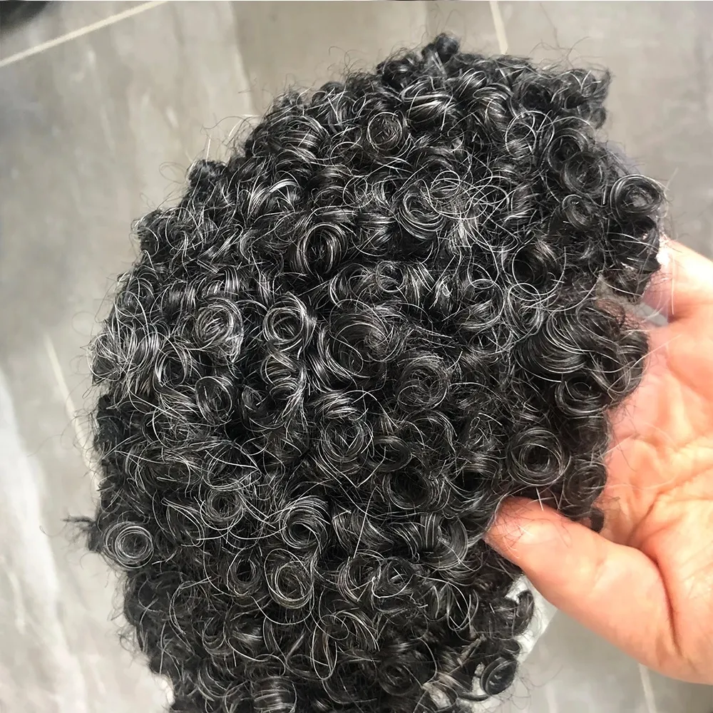 15MM Jet Black Capelli ricci Parrucchino da uomo Uomo durevole Parrucca afroamericana Pelle sottile Sistema di sostituzione dei capelli umani reali Unità di protesi