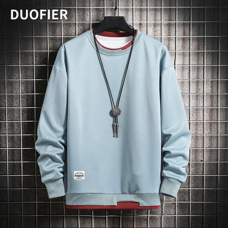 New Mens Casual Sweatshirts Long Sleeve Harajuku Hoodie Men Fake Two Pieces Color O-neck Fashion Style Male Loose Sweater L220801