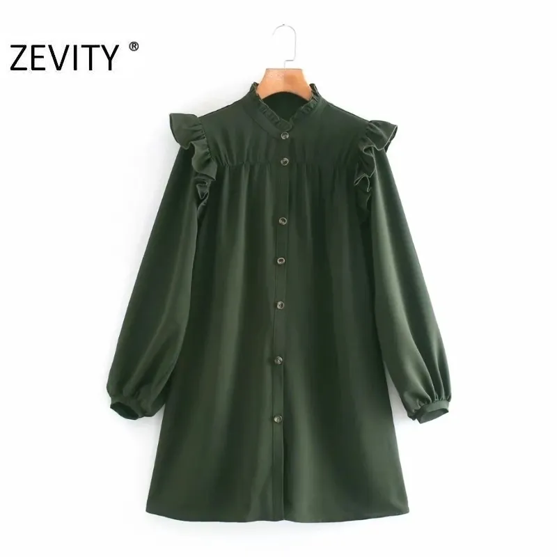 Zevity Women Agaric Lace Solid Color Pleats Shirt Dress Office Ladies Lantern Sleeve Breasted Casual Business Vestido DS4601 210303