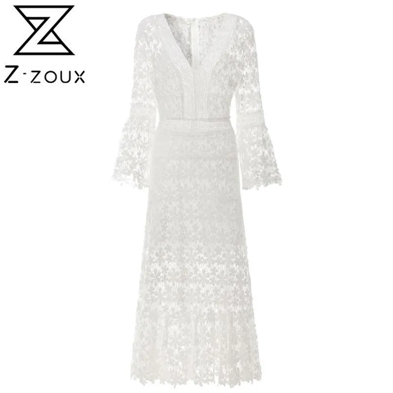 Z Zoux Women Fresses White Lace Dress Flare Sleeve v Neck Hollow Out Out Plus Size Sexy 2020 Party Evening LJ200818