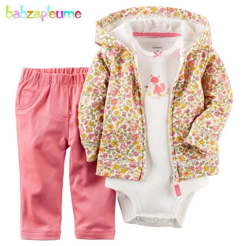 Babzapleume Frühling Herbst geboren Baby Jungen Mädchen Kleidung Säuglingsoberbekleidung Kapuzenmantel Strampler Hosen Säuglingskleidung Sets LJ201223