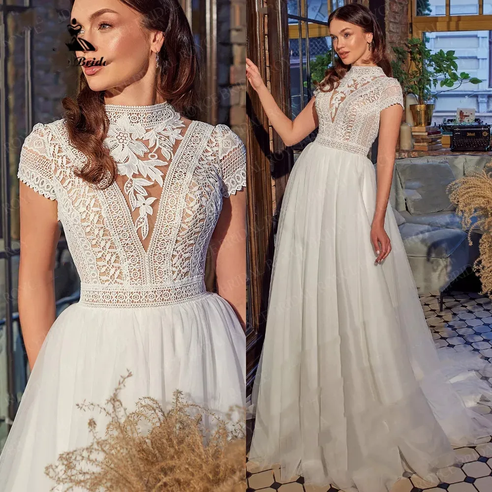 Vintage gehäkelte Baumwollspitze Strandhochzeitskleider Stehkragen in voller Länge Böhmisches Gartenbrautkleid Robe Mariee Boheme Dentel