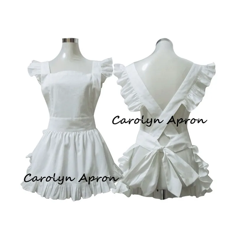 Women Kitchen Apron Plain White Cotton Japanese Elegant Ruffled Harajuku Soft Sister Cosplay Tablier de Cuisine Short Apron 201007