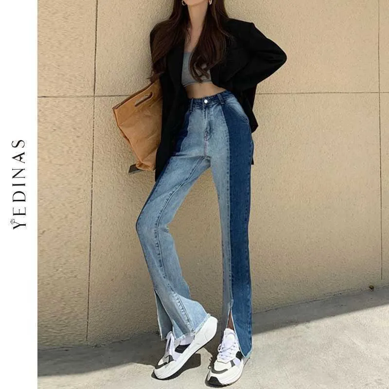Yedinas Vintage podzielone dżinsy kobiety wysoka talia Slim Flare Designer Ladies Color Contrast Patchwork Denim Pants Korean 210527