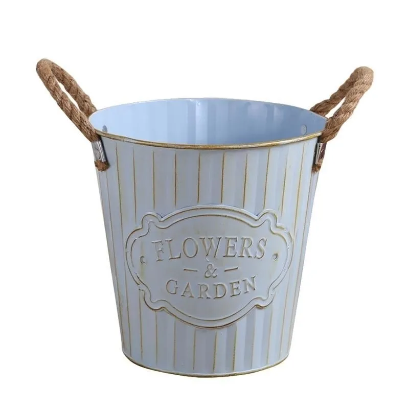 Home Flower Pot Bucket Decor Shop Metal Iron Hemp Rope Desktop Plant Adornment Large Size Y200709