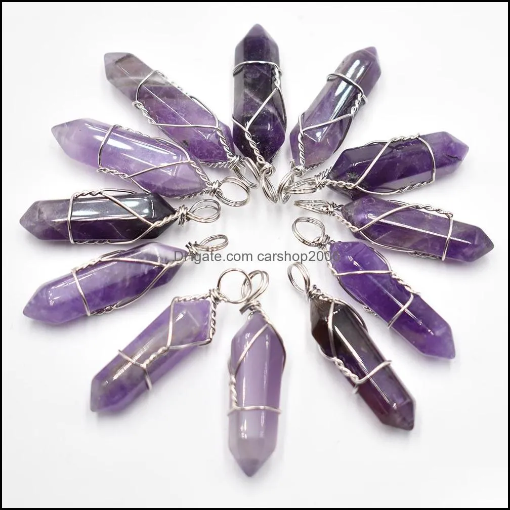 silver wire natural stone amethyst charms hexagonal healing reiki point pendants for jewelry making carshop2006