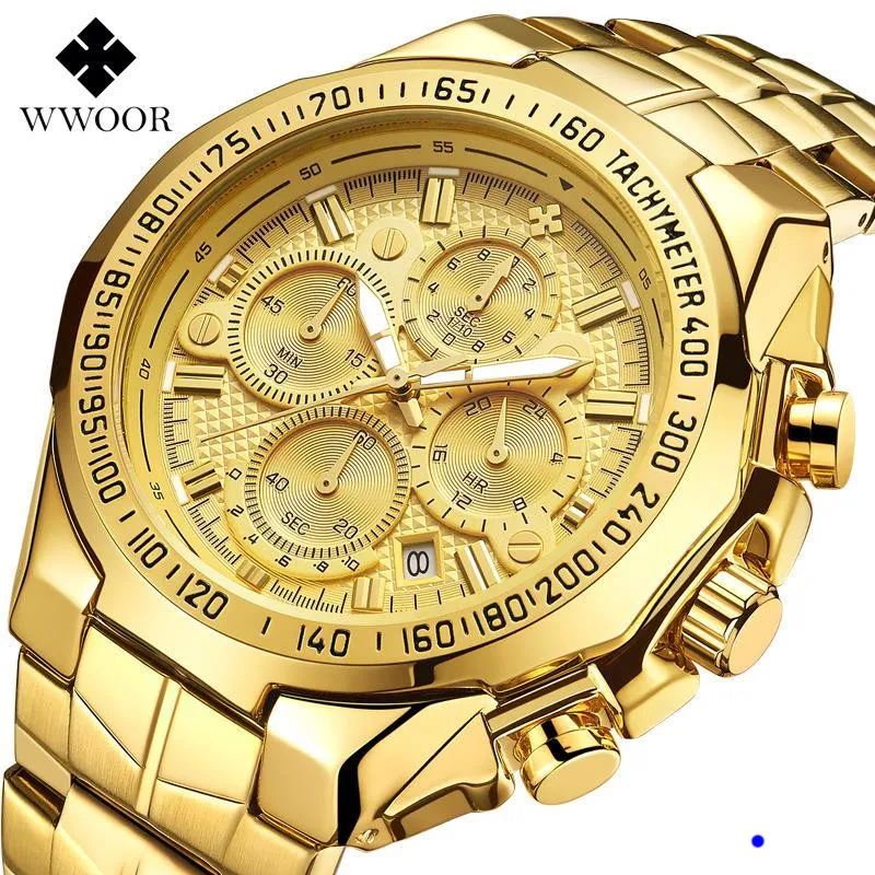 2022 WWOOR HÖG KVALITET Seven Needle Man rörelse Sektion Stål Bring Quartz Watertproof Wrist Watch Chronograph Watches grossistklockor