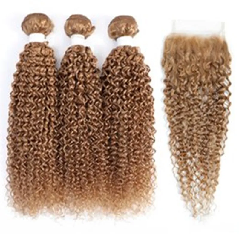 Курсы вьющиеся пакеты волос с закрытием 4x4 Медовые блондинки коричневые бразильские человеческие волосы сплетенные пучки с закрытием Remy волосы