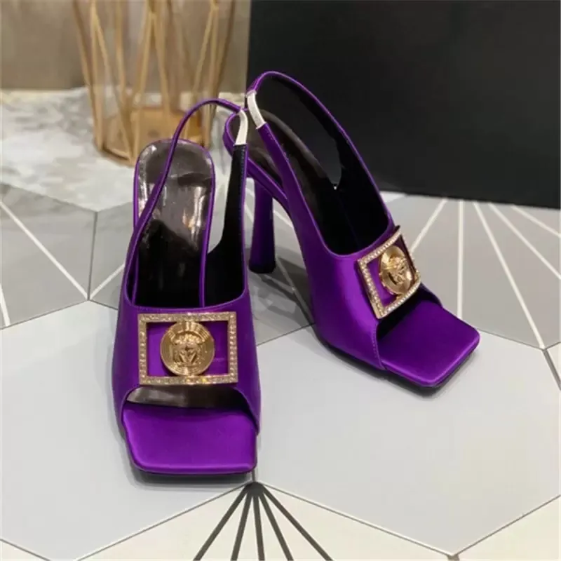 Sandal Series High Heel Womens Shoes Satin Gloss With Creative Hardware Decoration Shallow Mouth Exposed Shoes Size 35-39