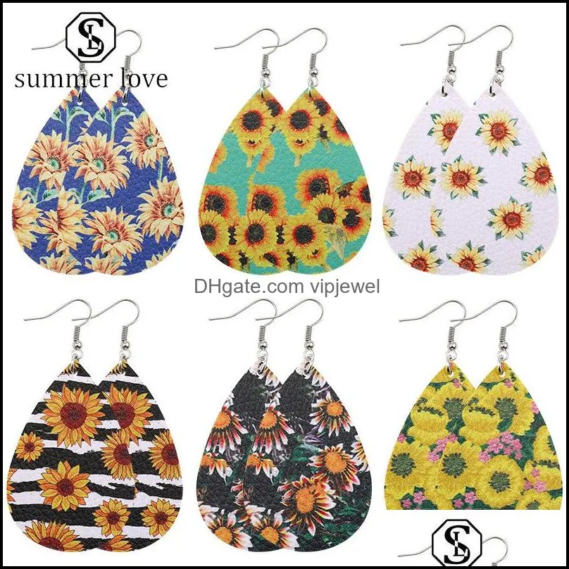 design sunflower printed pu leather earring bohemian dangle drop earrings colorful waterdrop ear lucky jewelry christmas wholesale -y