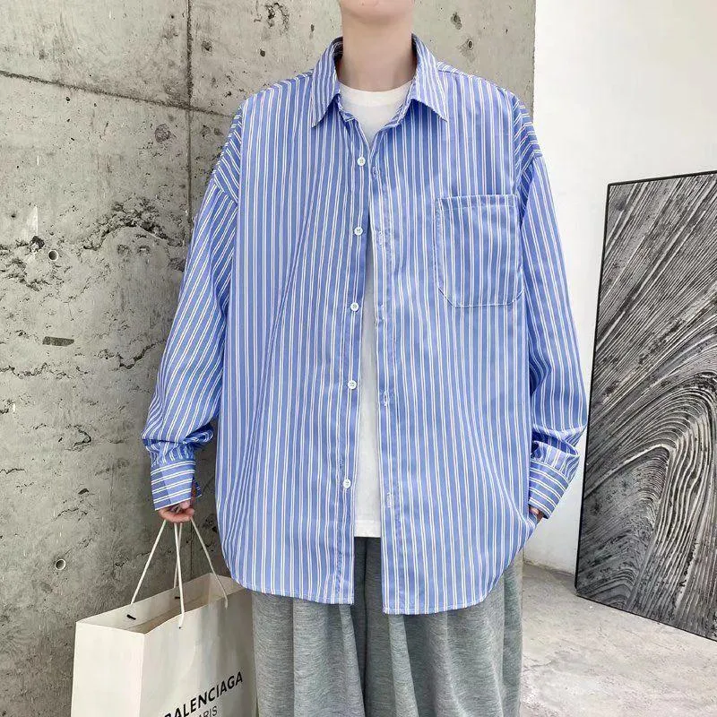 Men's Casual Shirts Men Striped Mens Button Up Japanese Oversize Fashion Gothic Blouses Alt Long Sleeved Shirt Tops Clothing B431Men's