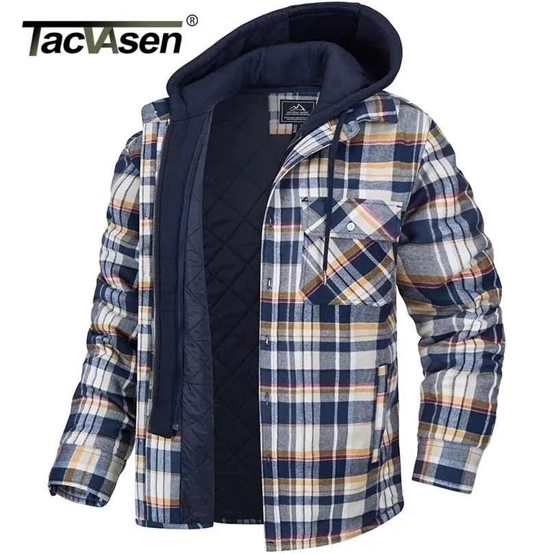 Tacvasen Mäns Flannellskjorta Jacka med avtagbar huva Plaid Quilted Fodrade Vinterrockar Tjock Hoodie Outwear Man Fleece Shirts 220401