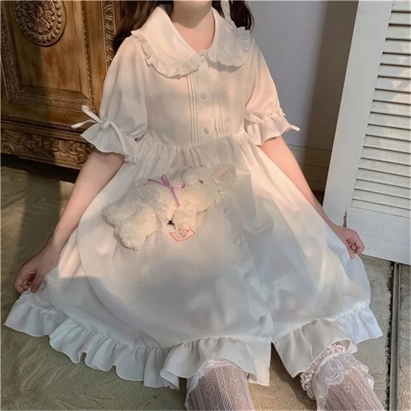 Qweek White Kawaii Lolita Dress for Girls Soft Princess Fairy Peter Pan Collar Japanese Style Sweet Puff Sleeve Party 220613