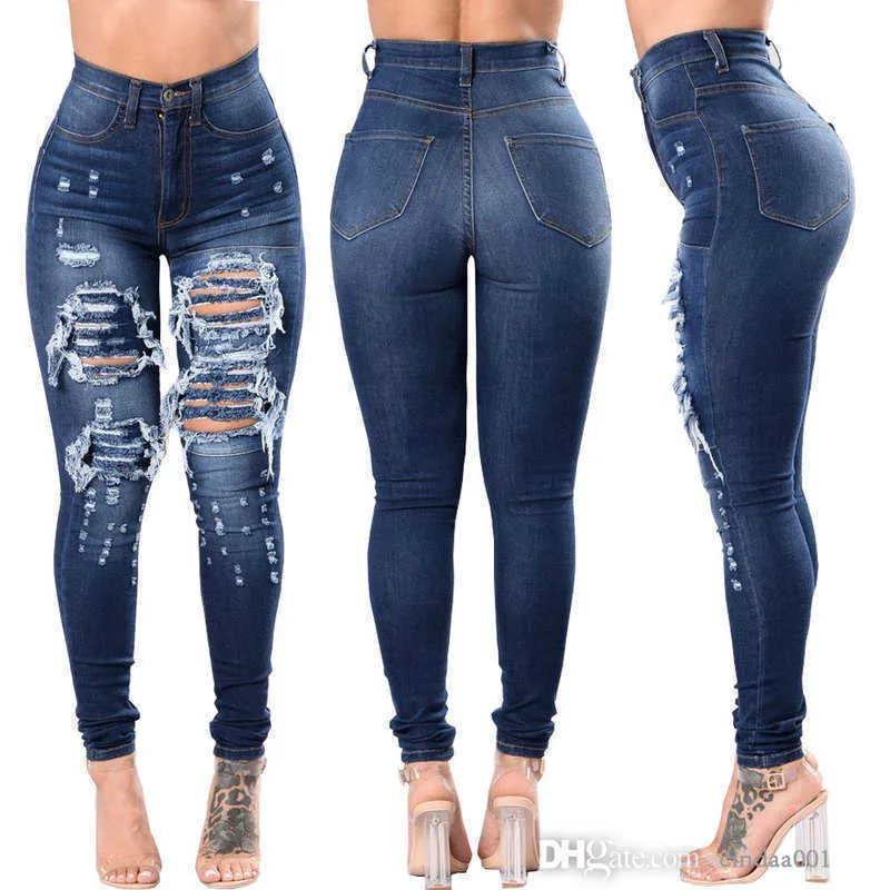 Новые весенние женские джинсы дизайнер популярный брюк разбитые отверстия эластичные джинсовые штаны