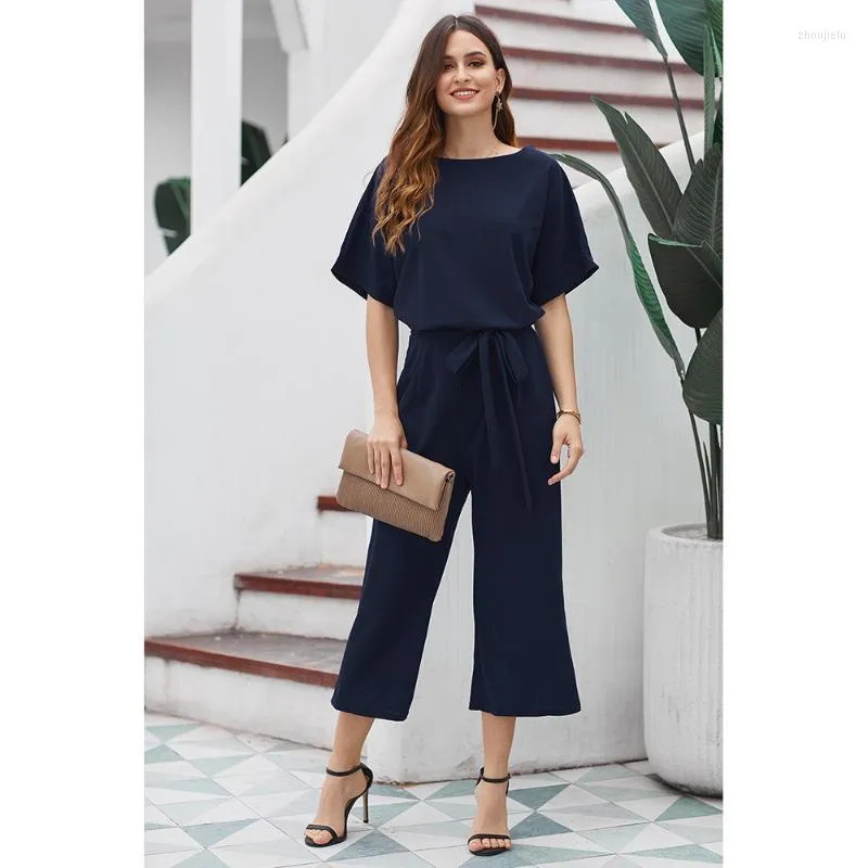 Kvinnors jumpsuits Rompers Lady Black Metallic paljett Kvinnor Sexig midja Tie Elastic Pockets Summer Party Blue Always Chic Belted Culotte Jum