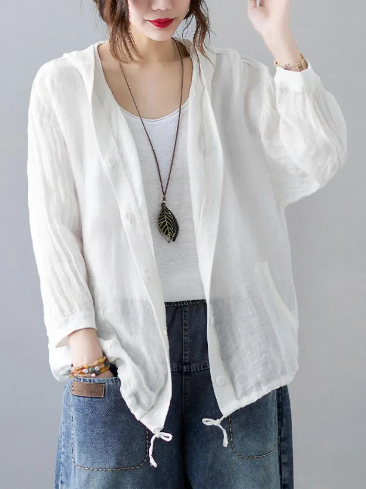 Lightweight Women's White Summer Jacket: Cotton Linen Hooded Sunscreen Coat  Shop Now!