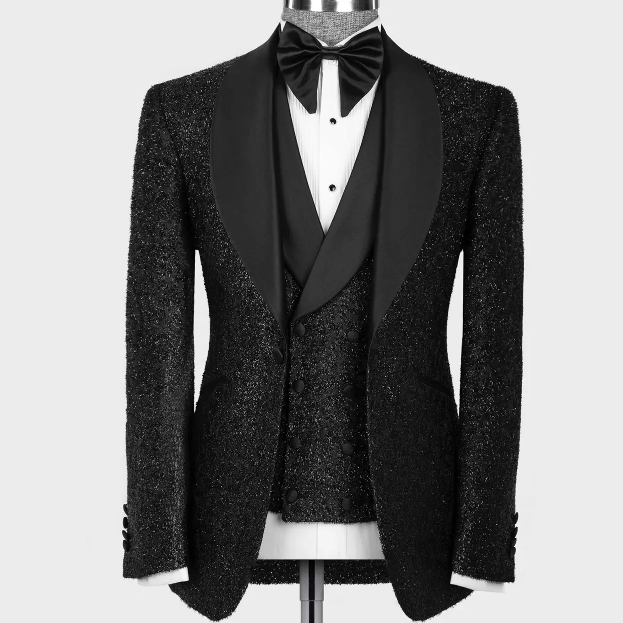 Najnowsze ślub Smokingi Płaszcz Design Moda Błyszczące Czarne Męskie Garnitury dla Pan młody Nosić Slim Fit Terno Masculino Prom Party 3 Sztuk (Kurtka + Kamizelka + Spodnie + Bowtie)