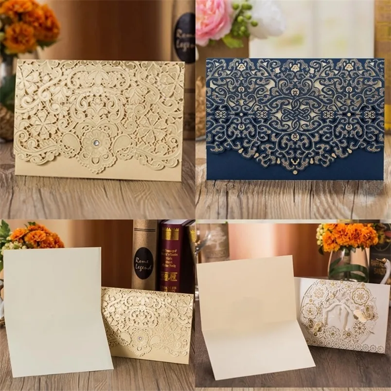 10pcs Elegant Laser Cut Invitations Card Lace Favors Free Print Greeting Cards Hollow Customize Wedding Party Decoration 220711