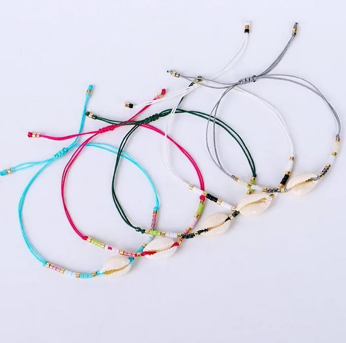 Ins frö pärla sträng flätade armband skal charm armband etniska färgglada repsmycken för kvinnor 12 färger