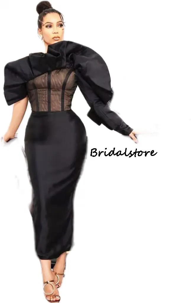 Sexy Aso Ebi Africain Noir Robe De Bal 2022 Une Épaule Satin Robes De Soirée Courtes À Manches Longues Robe De Soirée De Mariage Petite Tenue De Cérémonie Jupe Plus La Taille