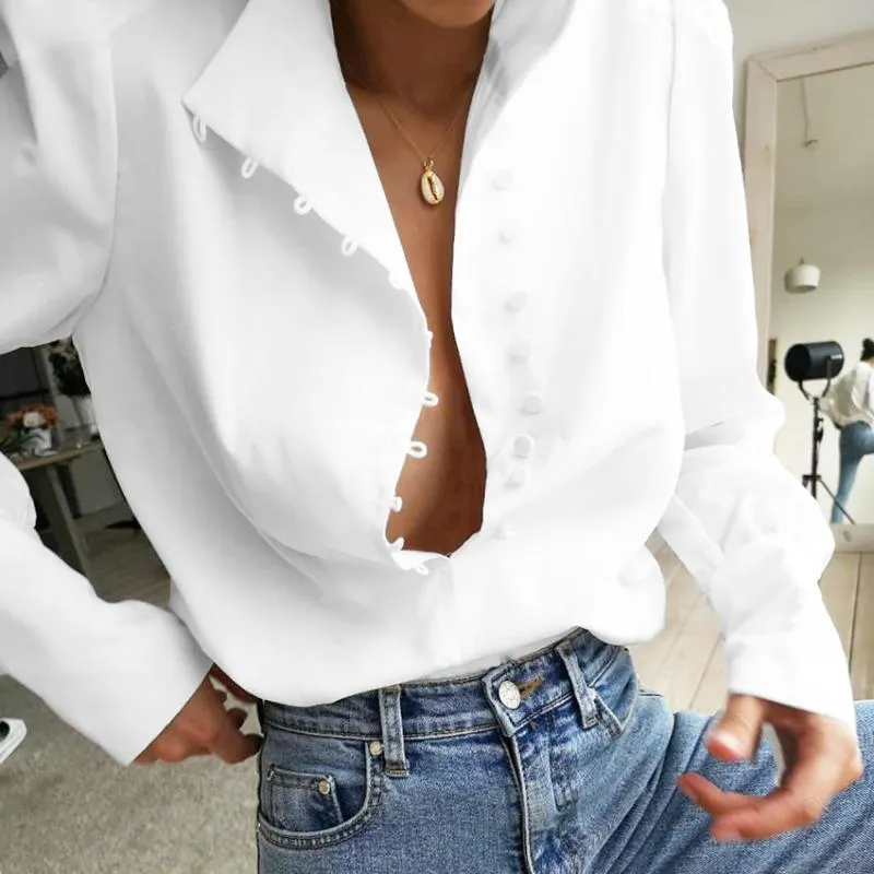 Elegant Turtleneck Long Sleeve White shirt Shirt Women Top Casual Solid Single Breasted Puff Blusas