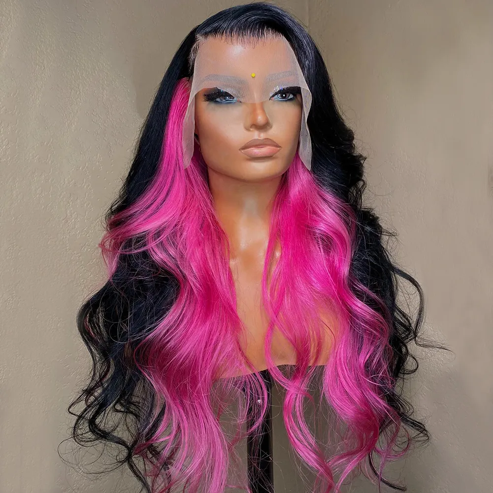 13x4 Destaque Rosa Hair Human Wig Onda de onda de renda frontal Perucas sintéticas transparentes para a festa de cosplay das mulheres negras