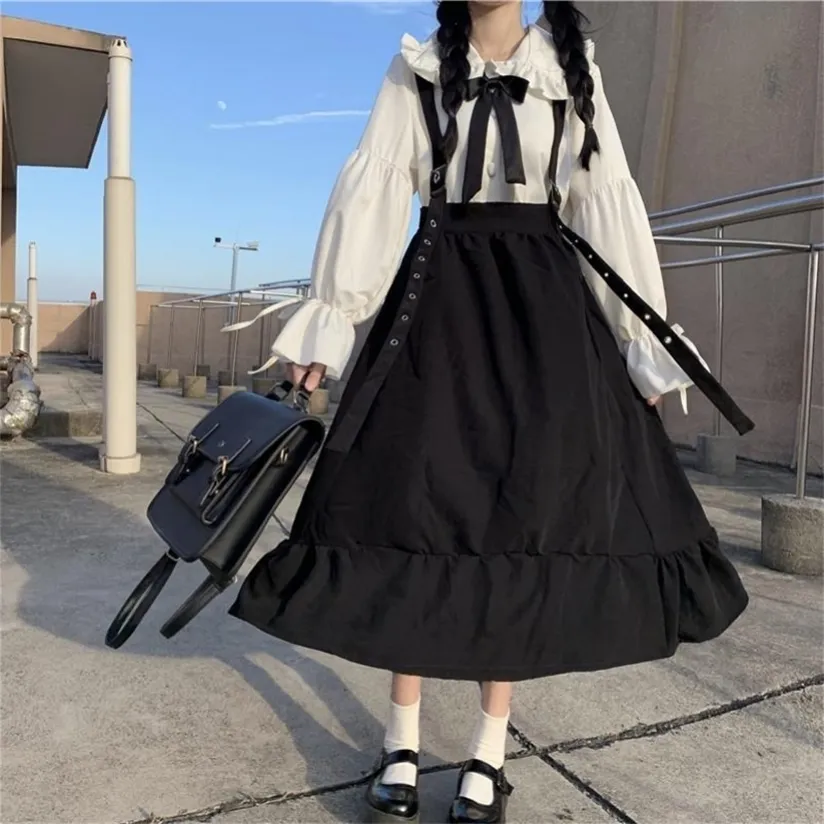 Houzhou Gothic Lolita Long Spódnica Kobiety Harajuku Wzburzyć Pasek Czarny Wysoka Talia Soft Girl Japoński Kawaii Streetwear Lato 220322