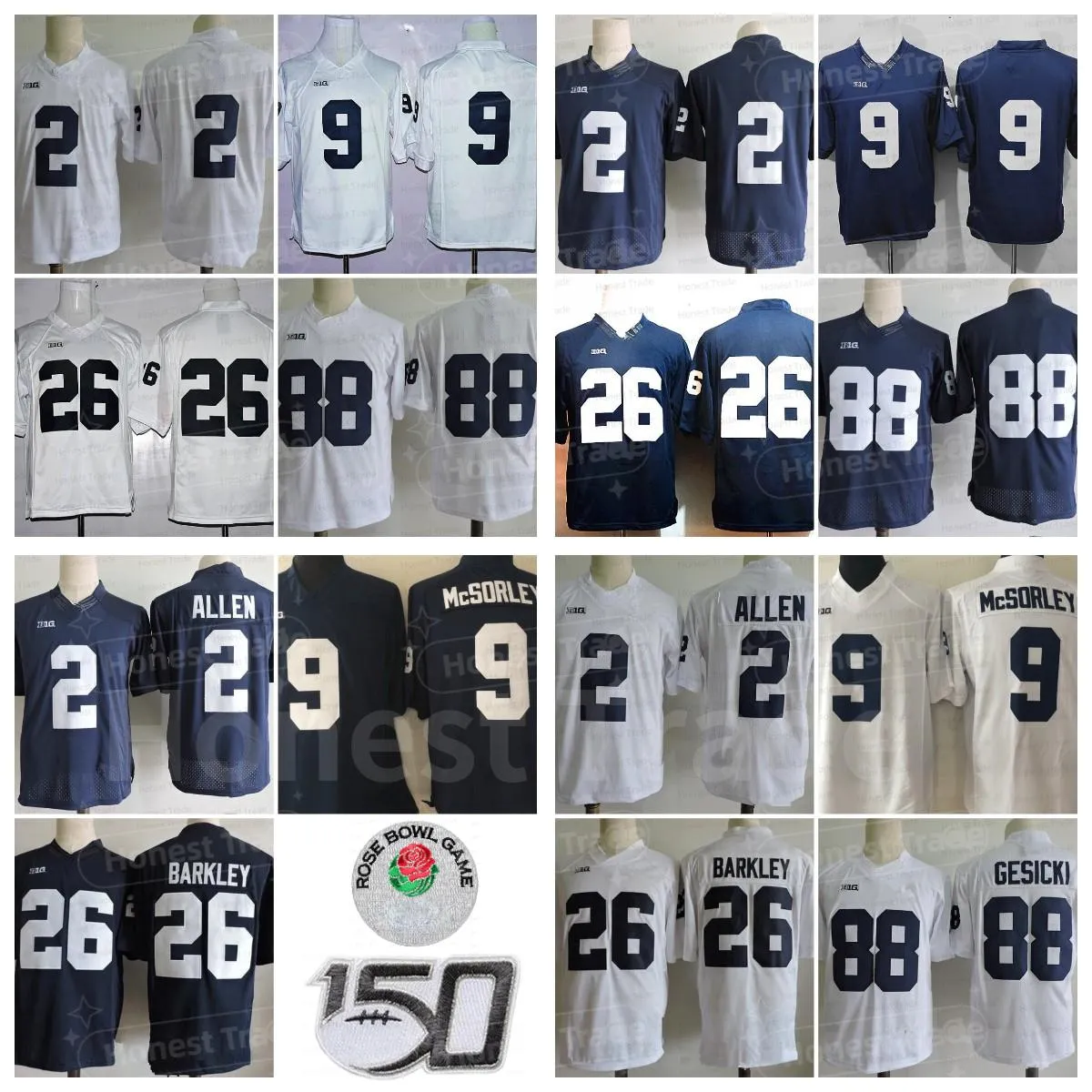 NCAA Penn State College Football #26 Saquon 9 Trace McSorley 88 Mike Gesicki 2 Marcus Allen Paterno Stitched Jerseys White Navy 150th Men Uniforms