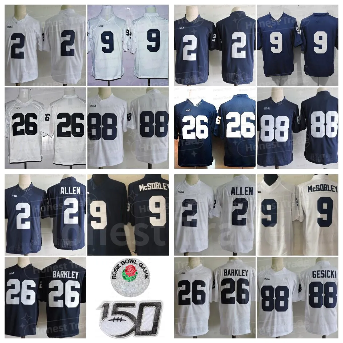 Penn State College Football 26 Saquon 9 Trace McSorley 88 Mike Gesicki 2 Marcus Allen Paterno Stitched Jerseys White Navy NO NAME 150th Men Uniforms