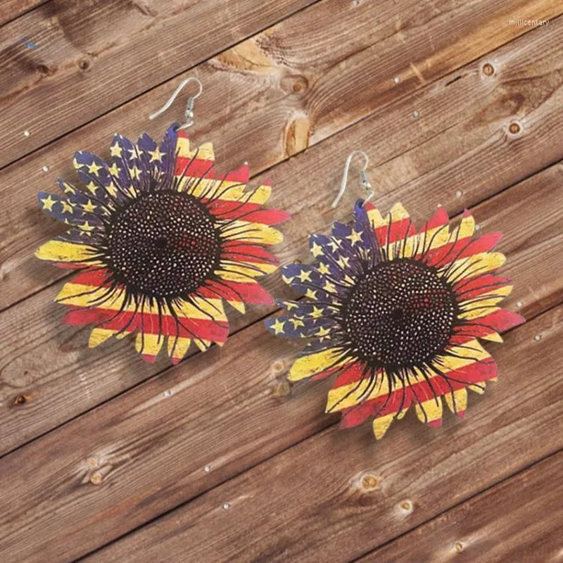Dangle & Chandelier The American National Flag Print Sunflower Wood Earrings For Women 2022 Fashion Patriotism Jewelry Mill22