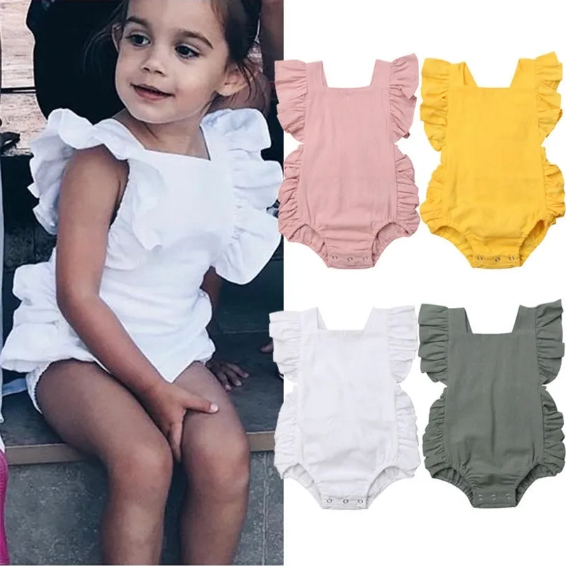 Bonbons Couleur né Infantile Bébé Fille Solide À Volants Sans Manches Barboteuse Combinaison Tenues Sunsuit Bébé Fille Coton Vêtements 024M 220707