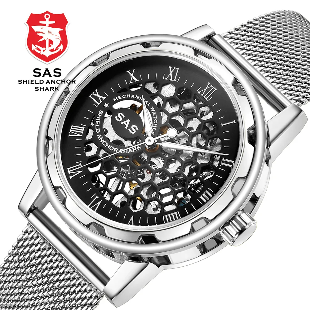SAS Luxury Brand Fashion's Fashion Honeycomb Skeleton Hollow Mechanical Orologi in acciaio inossidabile Bracciale Abito da business orologio