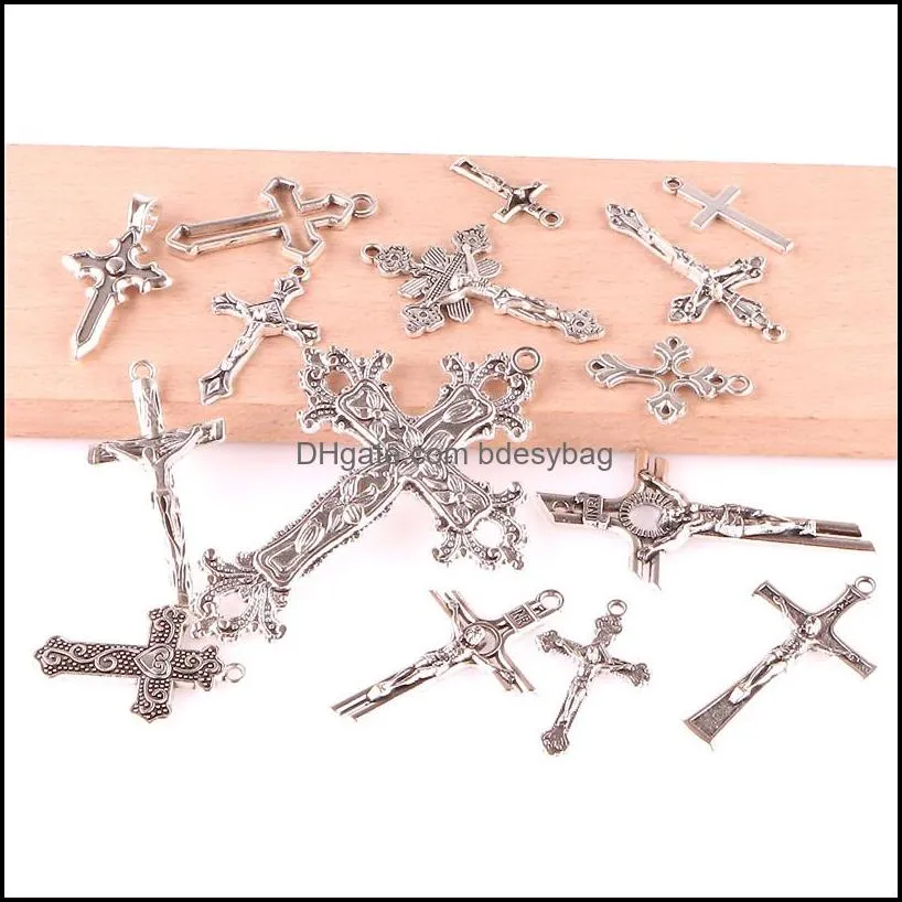 15pcs Charms Christian Cross Antique Silver Plated Pendants Making DIY Handmade Tibetan Silver jewelry components 23297