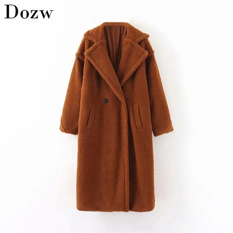 Hiver Casual Solid Teddy Manteau Femmes À Manches Longues Polaire Longue Veste Lady Turn Down Collier De Fourrure D'agneau Manteau Fourrure Femme 210414