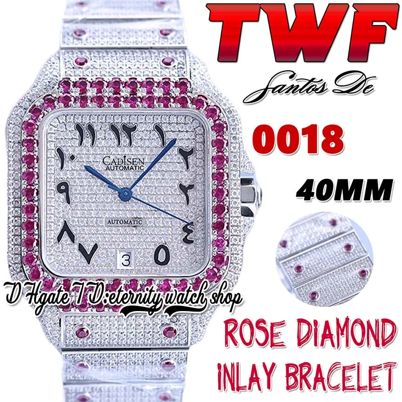 TWF tw0018 Orologio automatico da uomo giapponese Miyota rosa con grandi diamanti lunetta completamente ghiacciata quadrante con diamanti indici arabi bracciale in acciaio inossidabile orologi eternità Super Edition