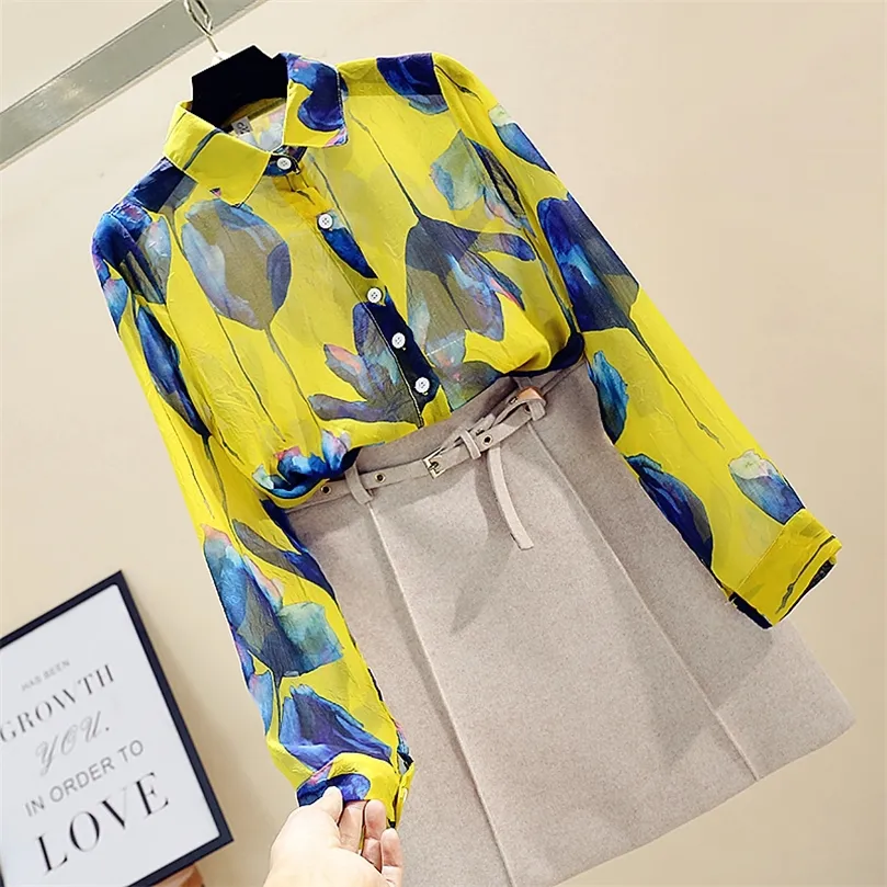 Spring Autumn Women's Chiffon Shirt Tops Retro Fashion All-Match Printed Blouse Long Sleeve Blusa GD585 210226