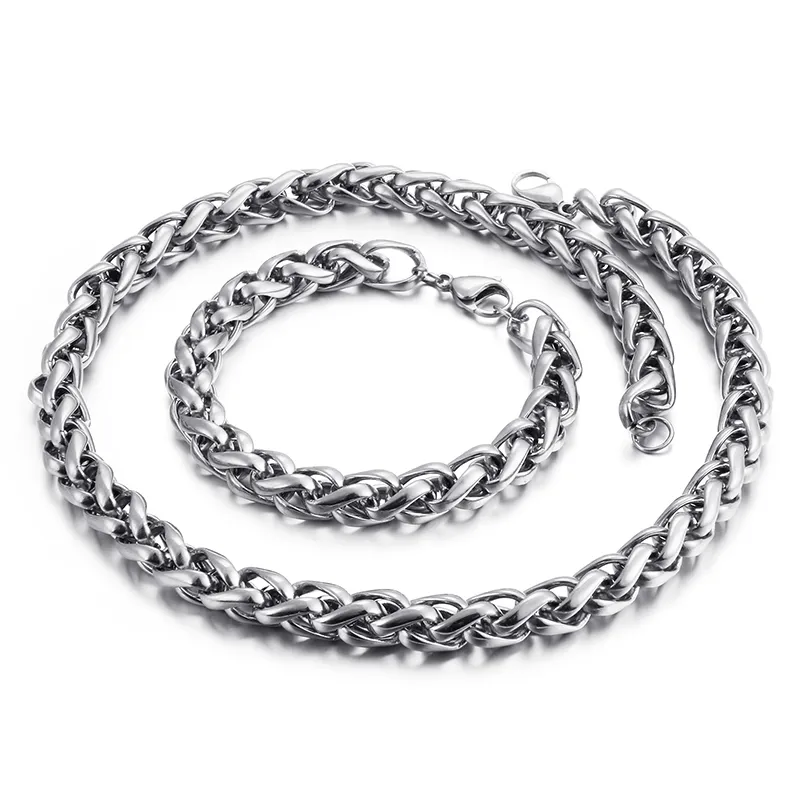 Silver Stainless Steel Jewelry Set Necklace Bracelet Set Heavy 8mm/10mm Wheat Chain Link Braid Fashion Gifts for Mens Women