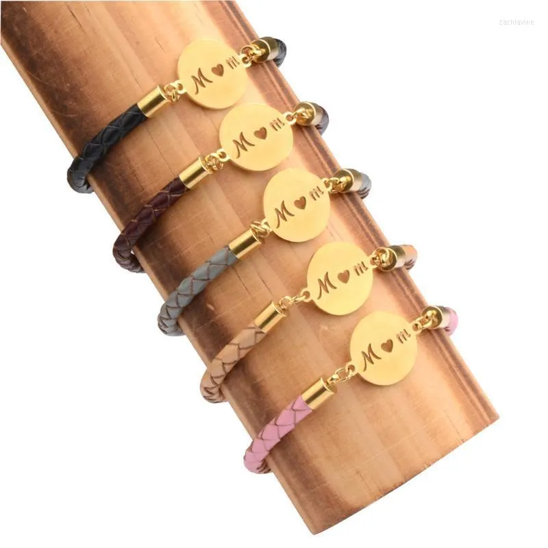 Stainless Steel Charm Text Mom Gold Color Nameplate Bracelets Multicolor Genuine Leather Braid For Mother Gift Fashion Jewelry Link Chain