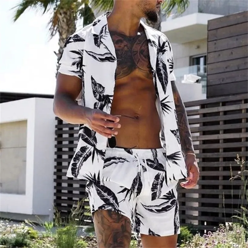 Verão havaí estampa tropical conjuntos de roupas de shorts de camisa conjunto de roupas casual palmeira floral praia de manga curta de manga curta 220621