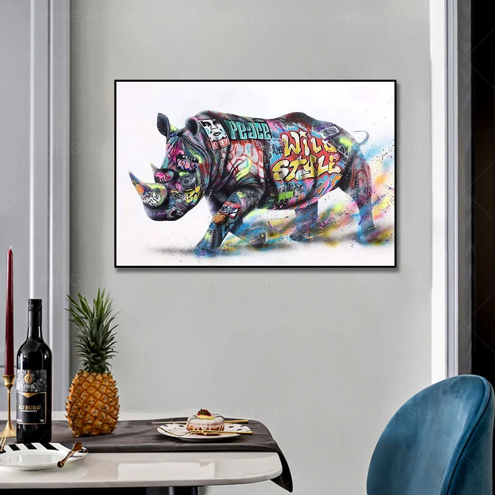 落書き動物のRhinoキャンバス絵画ポスタープリントウォールアート写真の家の装飾フレームレス