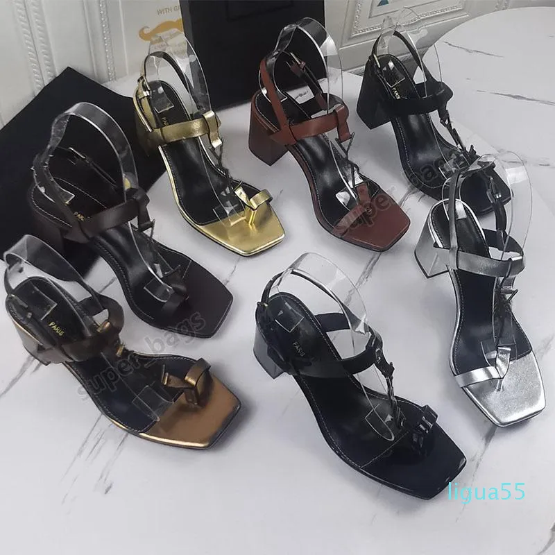 Designer Women High Heel Slides Sandals Golden Letter Logo Smooth Leather Casual Slipers Dress Wedding Shoes 35-43