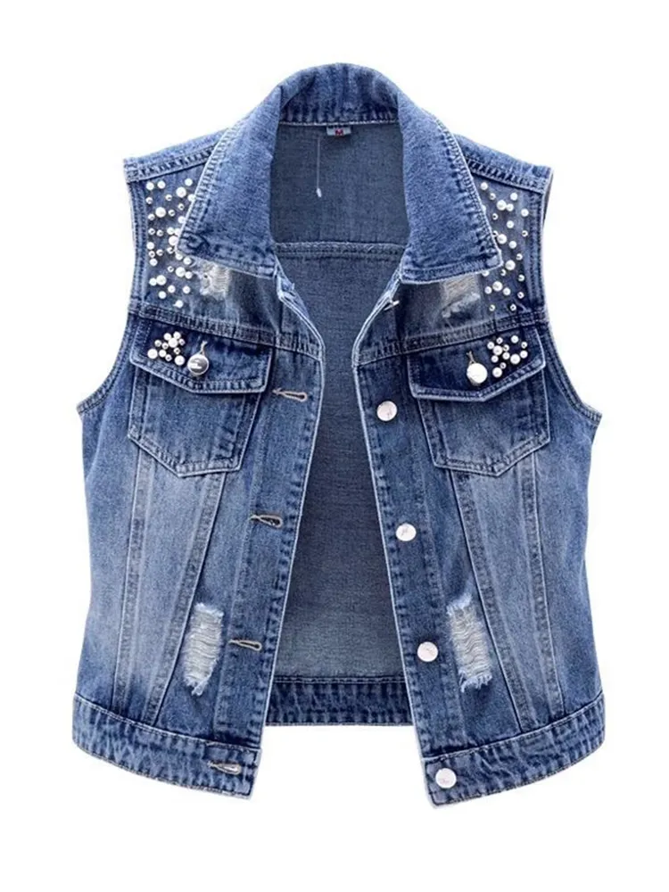 JMPRS Denim Women Vest Luxury Pearls Fashion Ripped Autumn Jeans Jacke Sleeveless Loose Short Coat Causal Waistcoats 5xl 220715