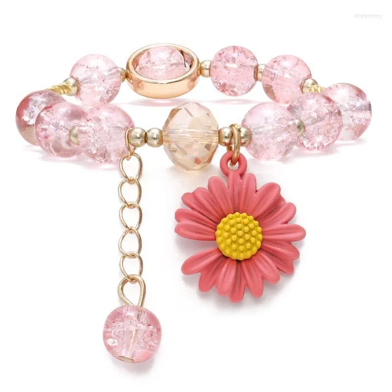 Charm Bracelets Fashion Korean Flower Daisy Bracelet Summer Colorful Beaded Handmade Elastic Wristband For Women Girls Jewelry GiftsCharm In