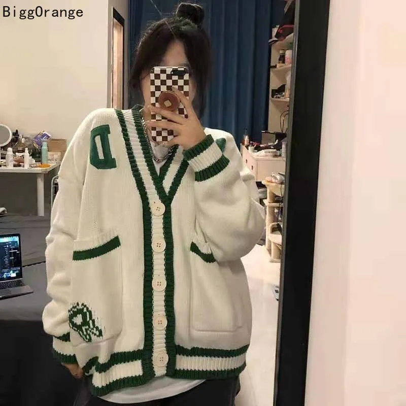 Autumn And Winter College Style Letter Embroidery Vneck Cardigan Sweater Women Korean Version Loose Allmatch Knitted Cardigan 220817 From 19 43 DHgate