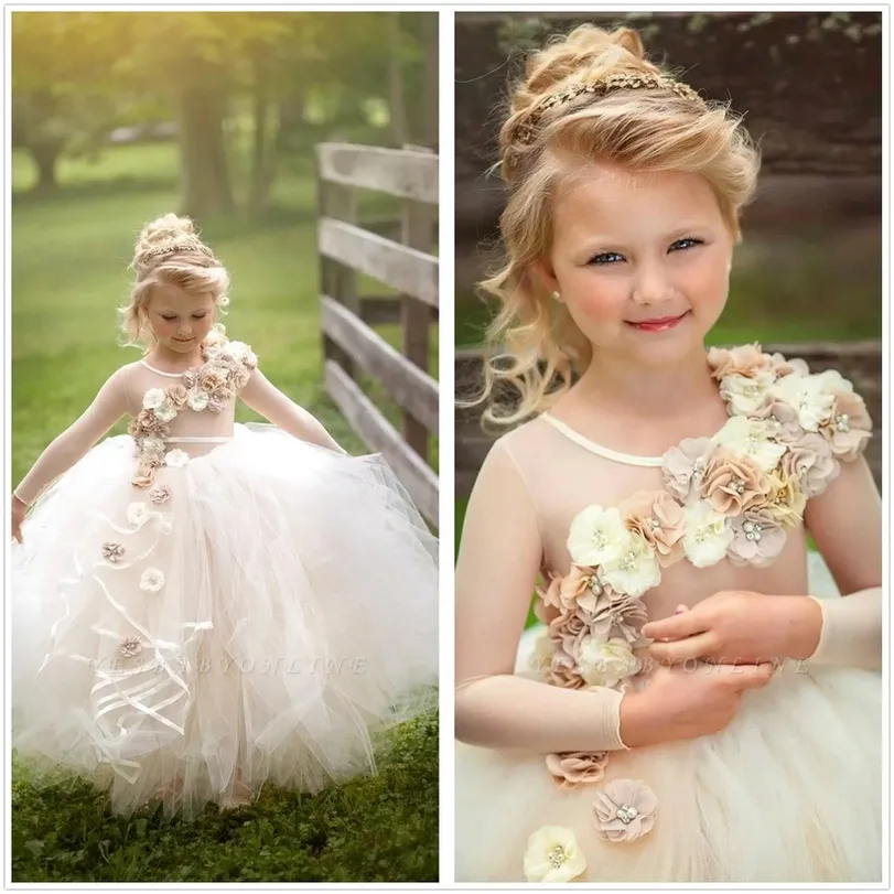 2022 Cute 3D Floral Beaded Girls Pageant Dresses Children Birthday Holiday High-Low Party Dresses Princess Flower Girl Dresses BC3451 C0621x02