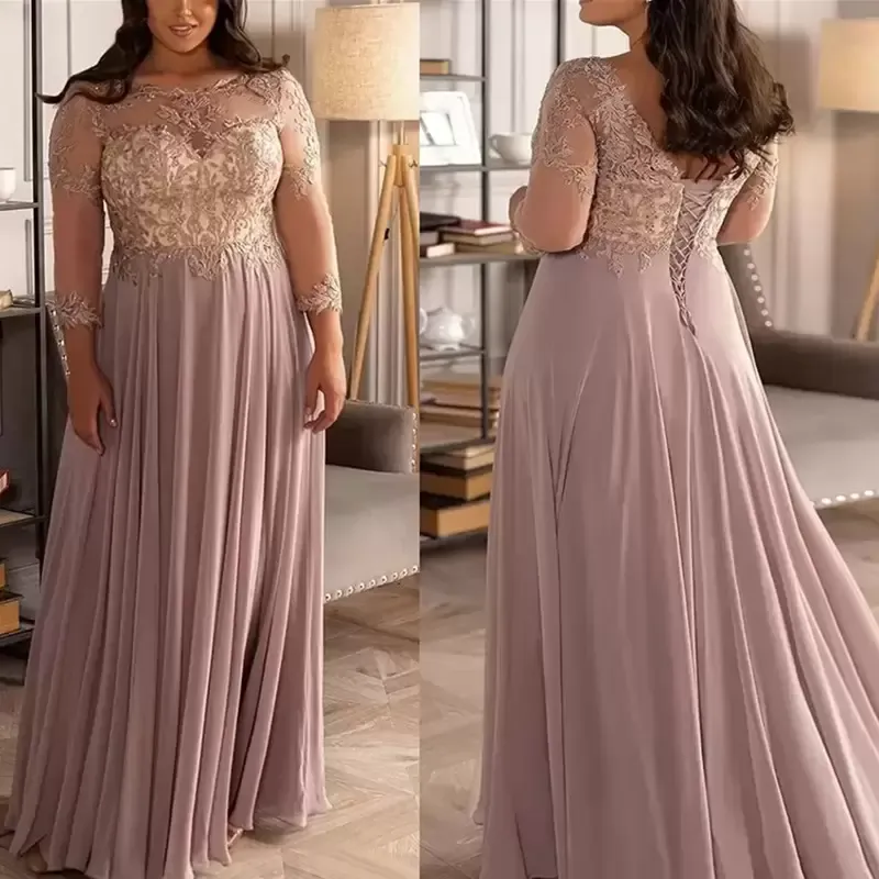 Robes de mère de mariée grande taille avec manches 3/4 en dentelle en mousseline de soie rose robes de mère occasion robe de soirée de mariage